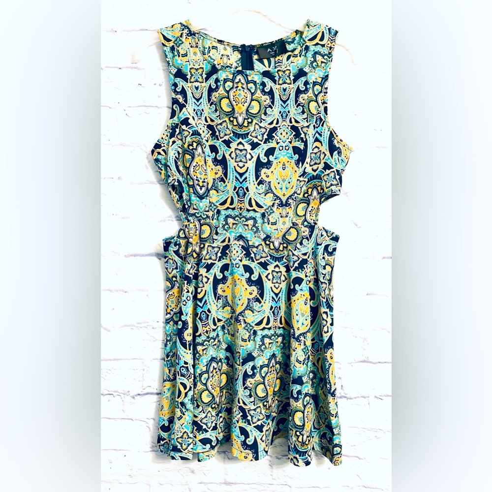 AX Paris Skater Dress Size 8 Paisley Print Blue Beige Side Cut Outs